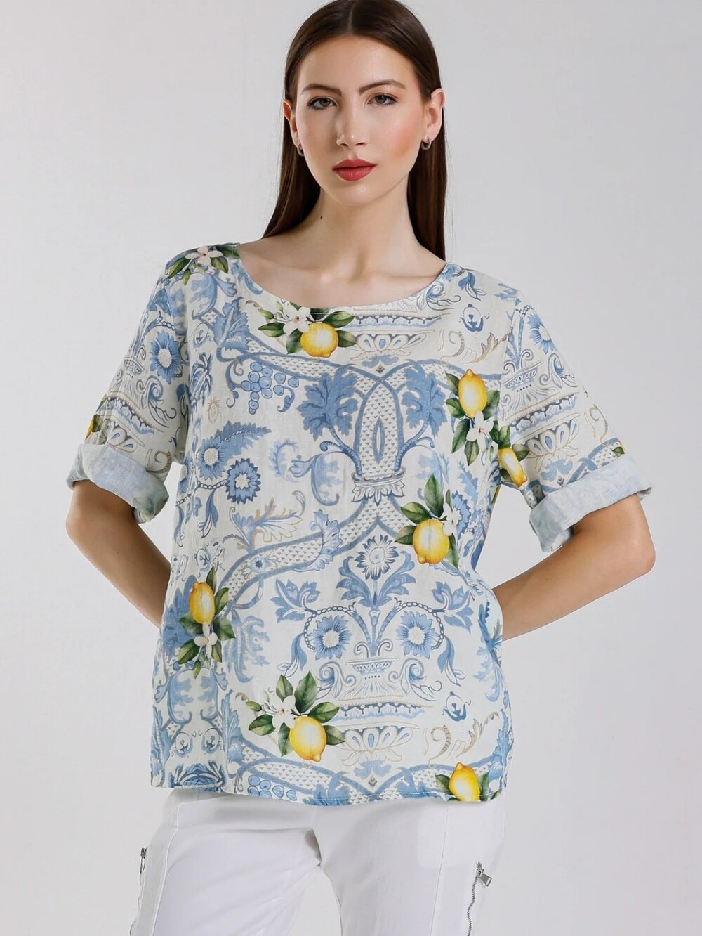 Tina Stephens Made In Italy 100% Linen Blouse, Amalfi Print🍋